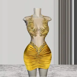 See Through Sheer Gold Women African Cocktail Dresses Beaded Birthday Party Gowns Short Black Girl Prom Dresses Homecoming