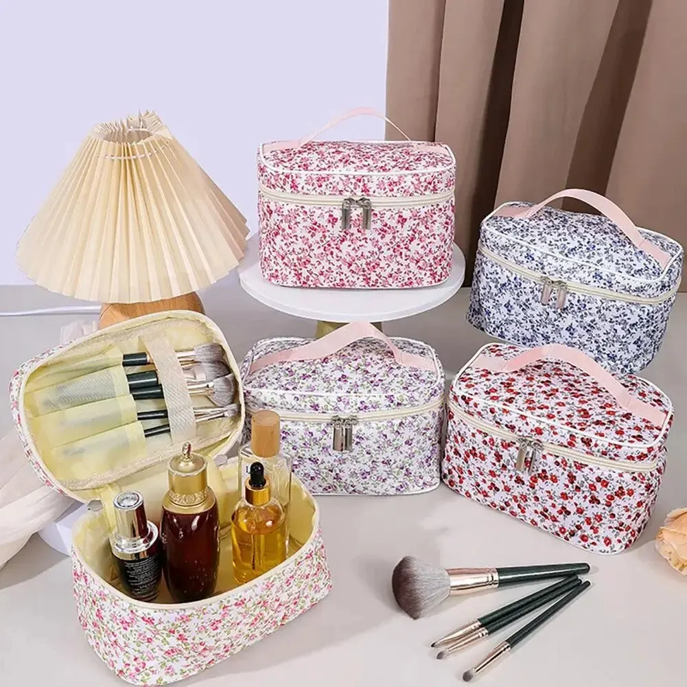 Floral Cotton Cosmetic Pouch - Dual Zipper Makeup Organizer & Portable Travel Wash Bag