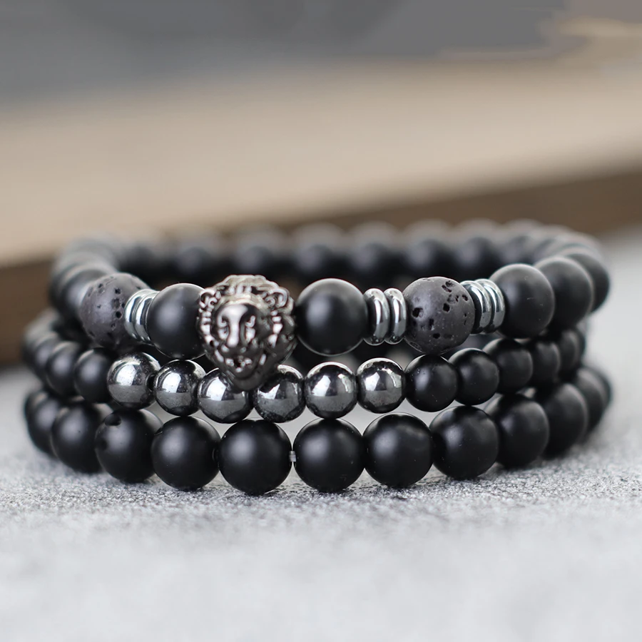 Men Black Onyx Stone Beaded Hematite Lion Bracelet