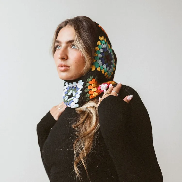 Colorful wool knit Balaclava Granny wooden Square Winter warm Crochet Hoodie hat, Winter Accessories