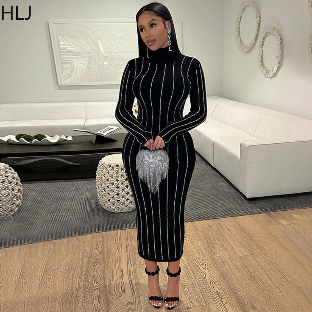 

HLJ Black Sexy Rhinestone Turtleneck Bodycon Nightclub Dress Women Long Sleeve Slim Vestidos Fashion Female Solid Color Clothing