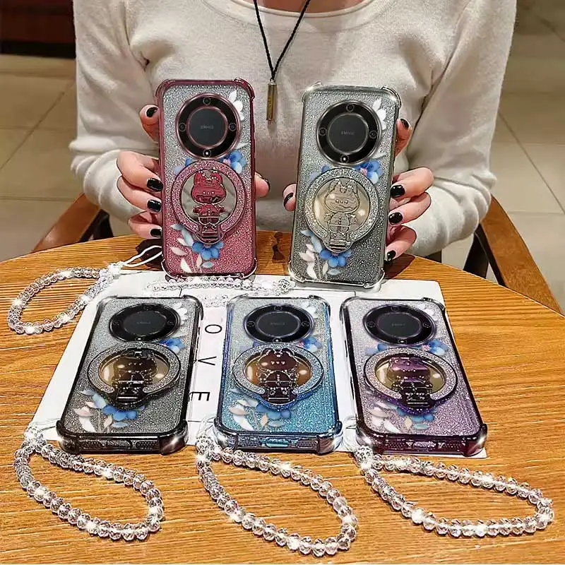 Stylish Floral Phone Accessory Set: Case, Lanyard & Circular Stand
