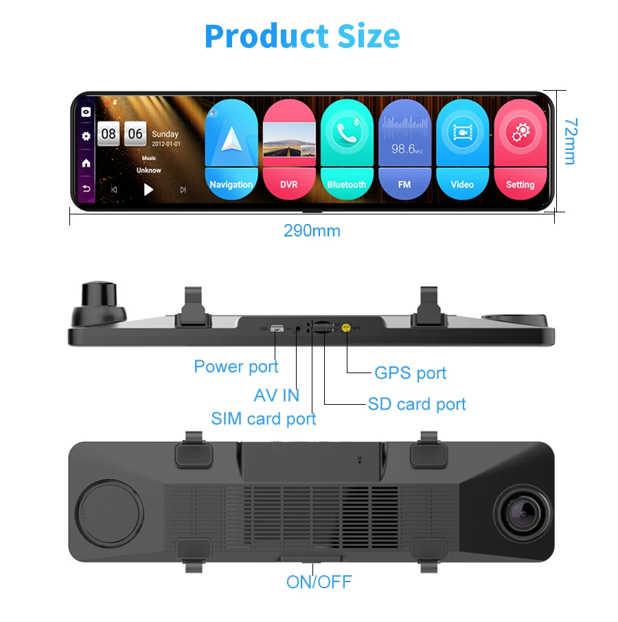 12Inch Car Mirror Android8.1 Stream Media RearView Mirror FHD 1080P Camera Dual Lens Video Recorder GPS 4G Dash Cam Car DVR ADAS