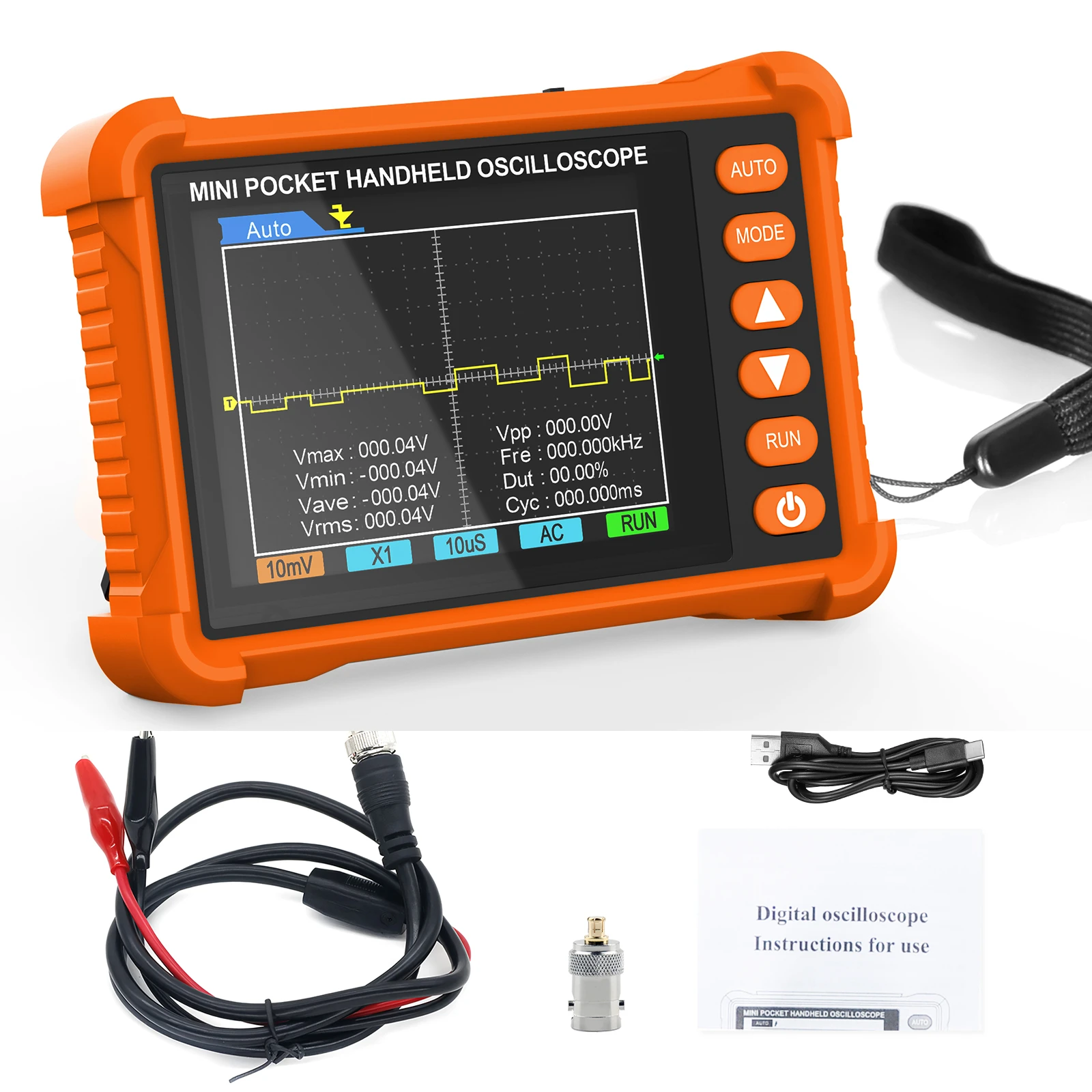 Осцилограф, цифровий портативний пристрій, ширина діапазону: 250 кГц, швидкість вибірки: 2,5 мс/с, вимірювання АВТО, перезаряджається, повна функція запуску