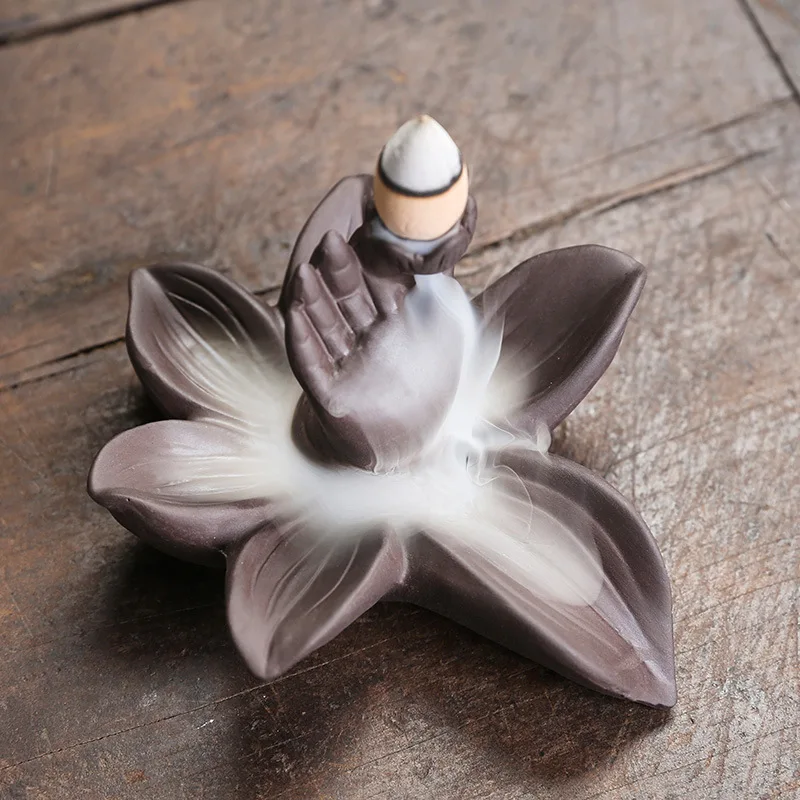Purple Clay Bergamot Lotus Backflow Incense Burner Creative Small Fingered Backflow Aromatherapy Stove Holder Home Decoration