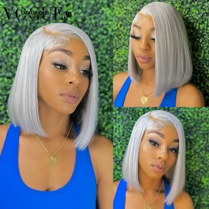 13x4 HD Lace Silver Grey Human Hair Bob Wigs for Women Straight Brazilian Virgin Hair Closure Glueless Wig Preplucked Hairline