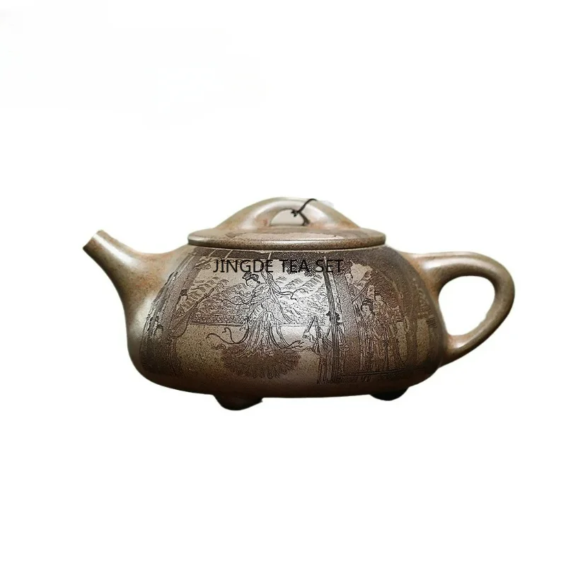 570ml Handmade Purple Clay Teapot Original Ore Agarwood Mud Dragon Kiln Firewood Burning Scenery Boat Teapot Brewing Kun