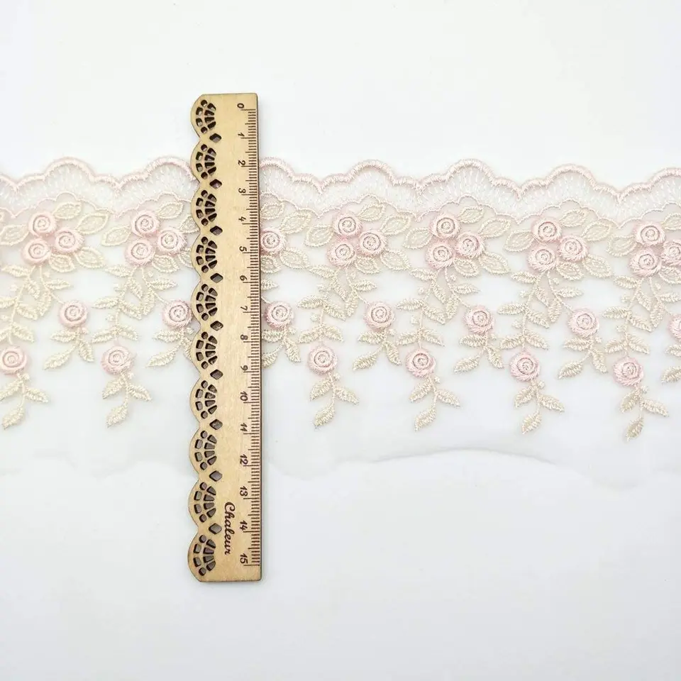 Nastro In Pizzo Ricamato Beige/Rosa Chiaro – Organza Floreale 13cm X 2m Per Cucito - 4