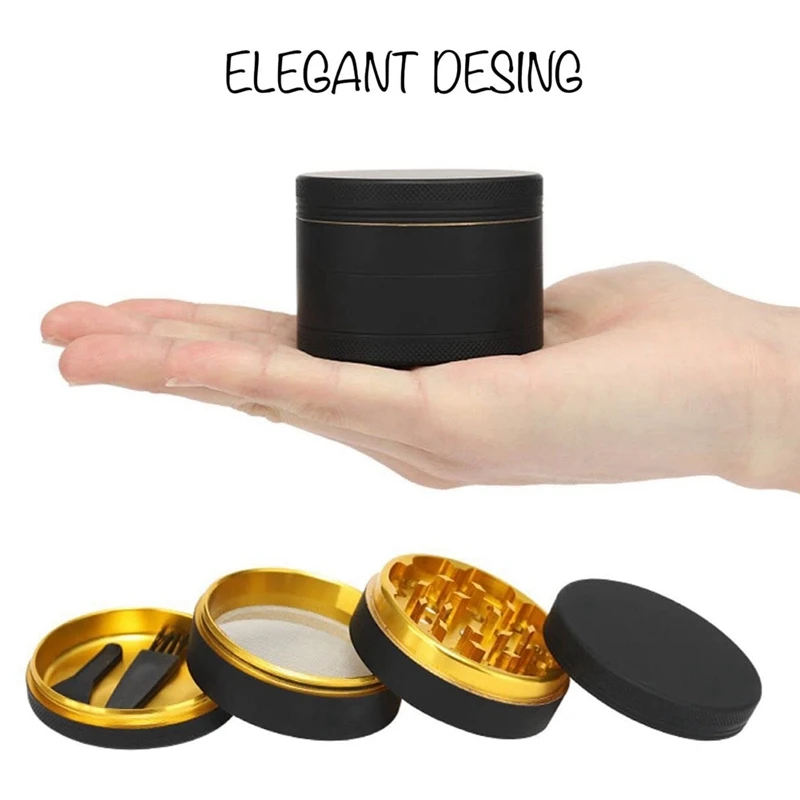 Aluminum Herb Grinder Black Rubber Paint Gold Color Inside-Large Capacity 2.48 Inch 4 Pieces