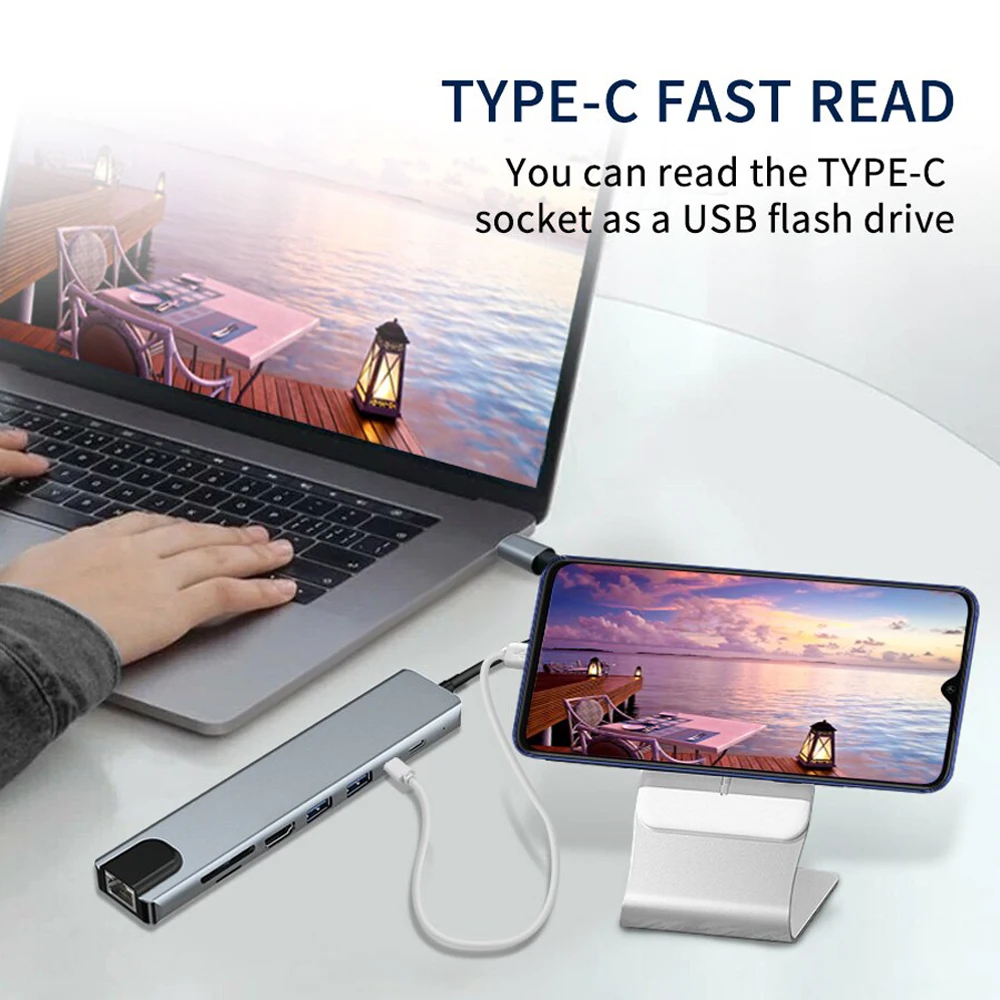 USB C Hub 8-in-1 PD 100W Docking Station with Multiport 4K Output