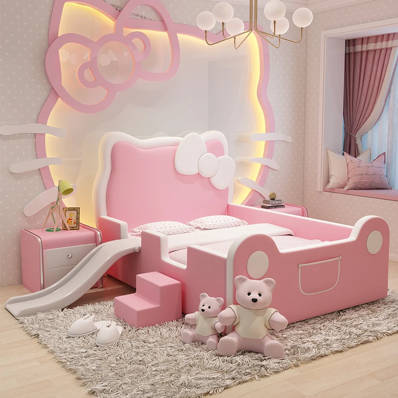 Children's bed girl princess bed 1.5 solid wood single bed pink Kitty cat slide bed cartoon leather bed with guardrail 2