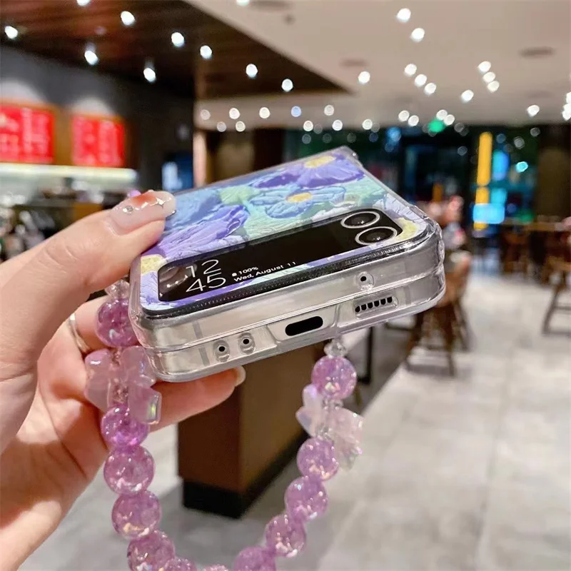 Korean Camellia Phone Case For Samsung Galaxy Z Flip 4 3 Z Flip3 Flip4 5G Cover with Chain Fashion Clear Hinge Protective Cases