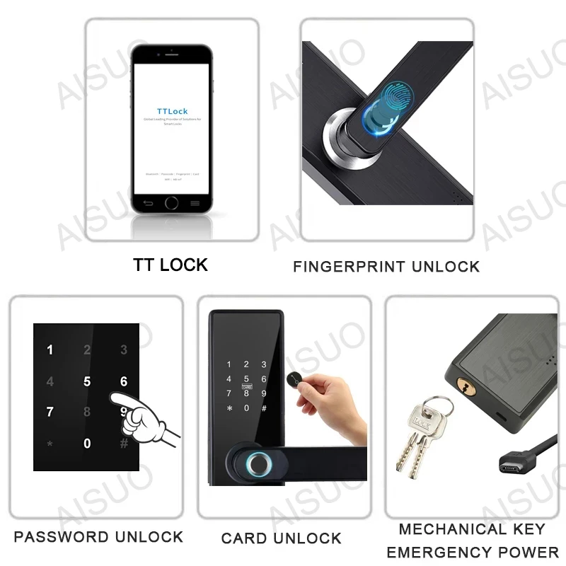 Fingerprint Door Lock Smart Door Lock Electronic Lock Smart Lock Password Lock AISUO M4 TT LOCK Bluetooth Smart Door Lock with Fingerprint Password IC Card Key