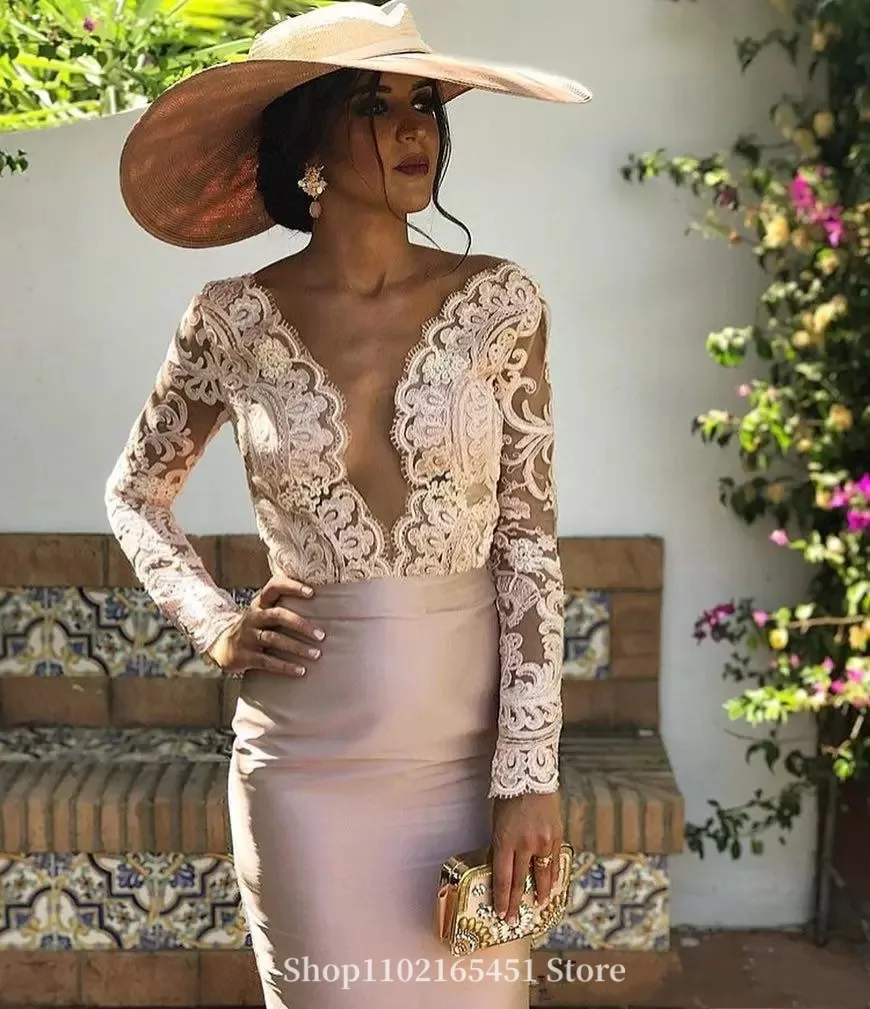 Sexy Long sleeve Cocktail Prom Dresses Deep V-Neck Lace And satin Party Dresses Backless Elegant special Occasion Customized