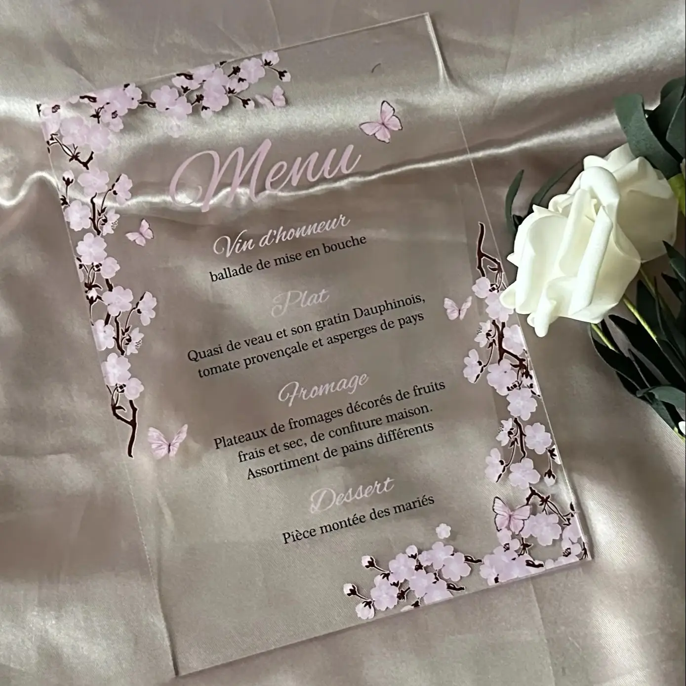 10pcs Custom Acrylic Wedding Invitation Menu,Butterfly,Blossom Pink Floral Dinner Menu Personalized Menu Card for Decoration