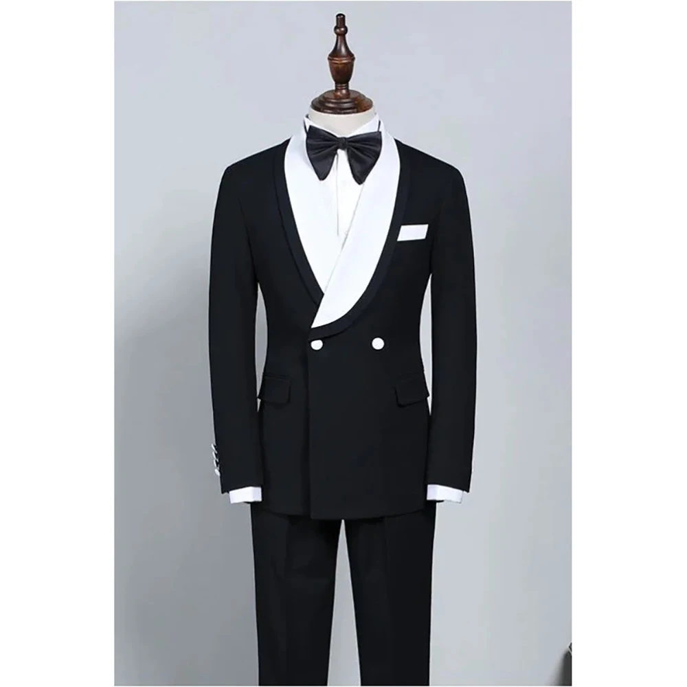 

Gentlemen Men's Suits Formal Black White Shawl Lapel Double Breasted Luxury 2 Piece Jacket Pants Wedding Business Outfits Set