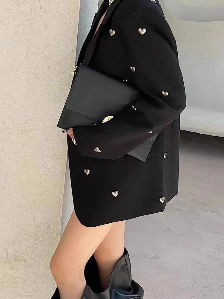 Fashion Women Blazer Notched Collar Long Sleeves Single Button 3D Love Rivet Decoration Suit Jackets Autumn 2024 New 7AB858