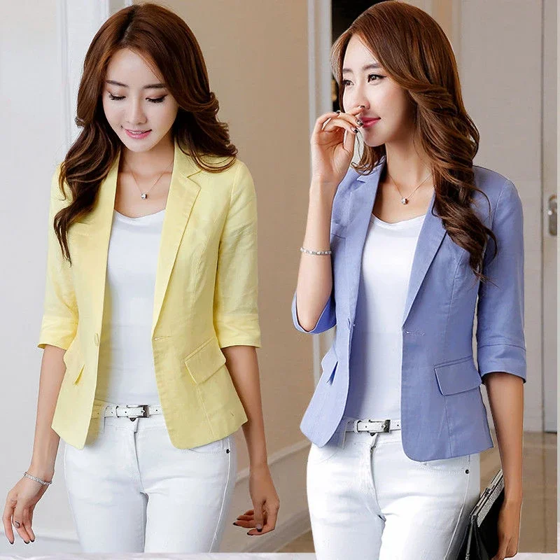 

Women's Suit Jacket Summer New Style Fashion White Seven-point Sleeve Office Ladies Casual Short Paragraph Cotton Blazer