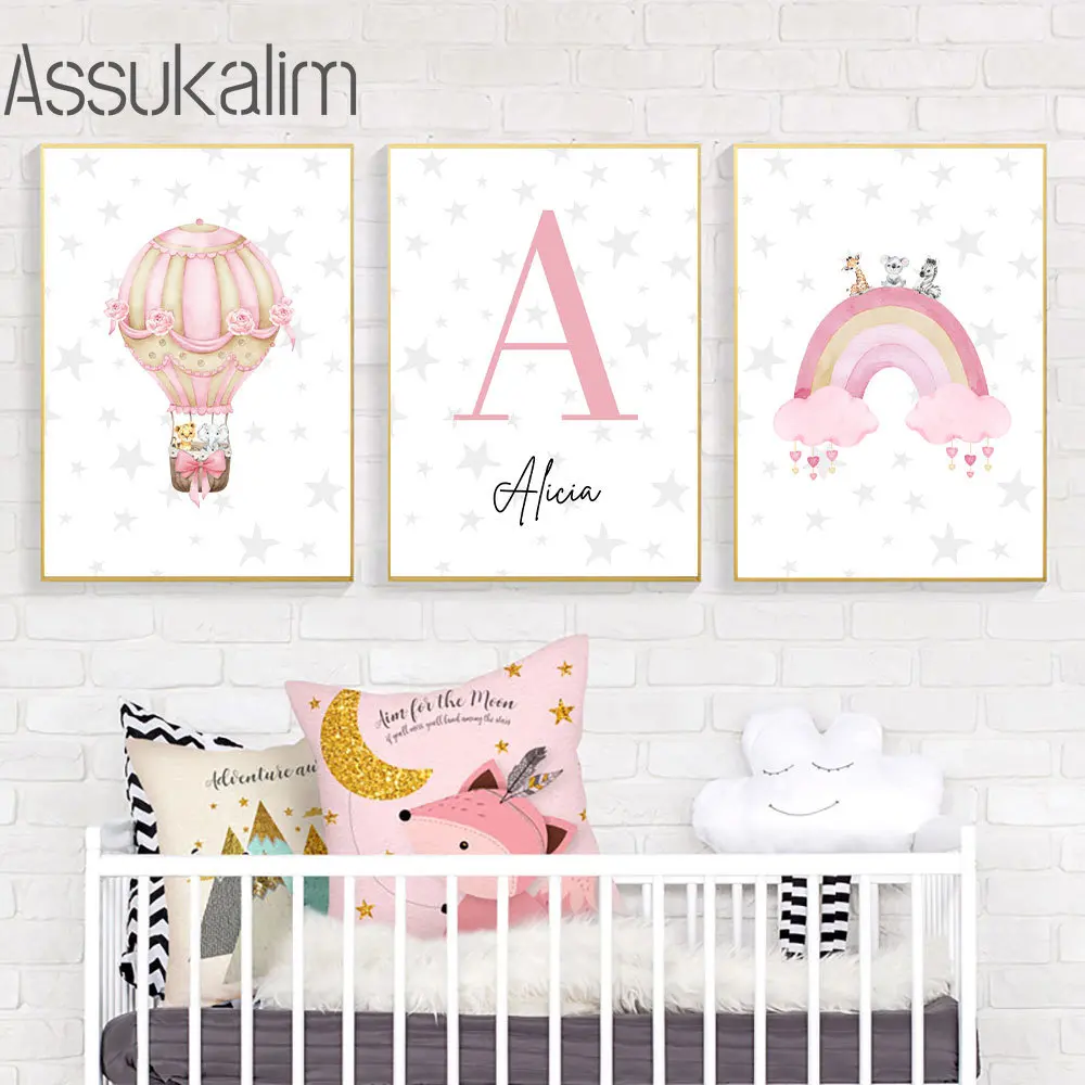 

Custom Name Wall Art Balloon Rainbow Painting Poster Star Art Prints Pink Canvas Pictures Nursery Posters Baby Girl Room Decor