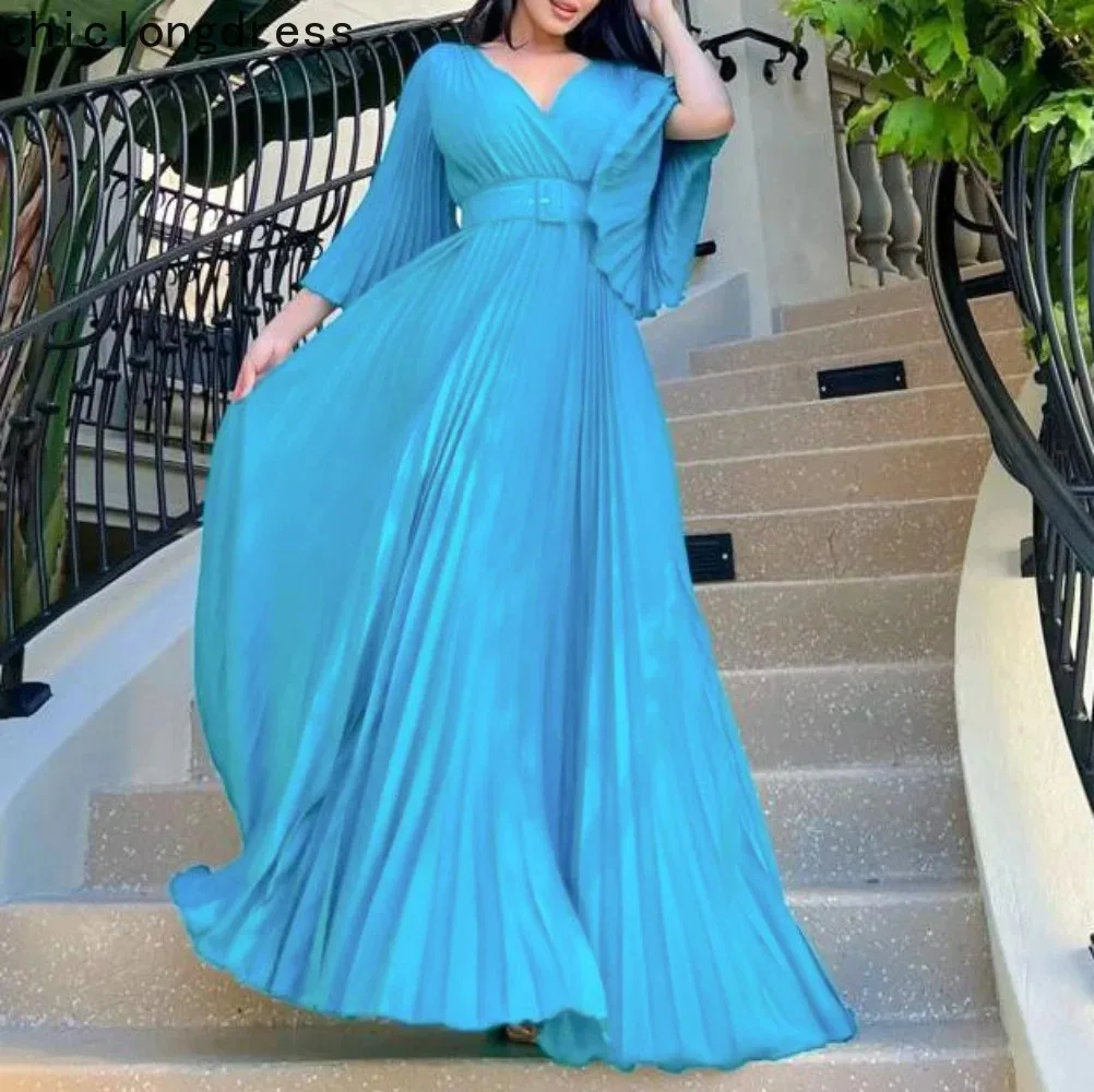 

Women's Elegant Pleated Chiffon Long Dress, V-Neck, Flare Sleeve, Belt Pleated, Evening Dress, Spring, Autumn, Fashion, 2022