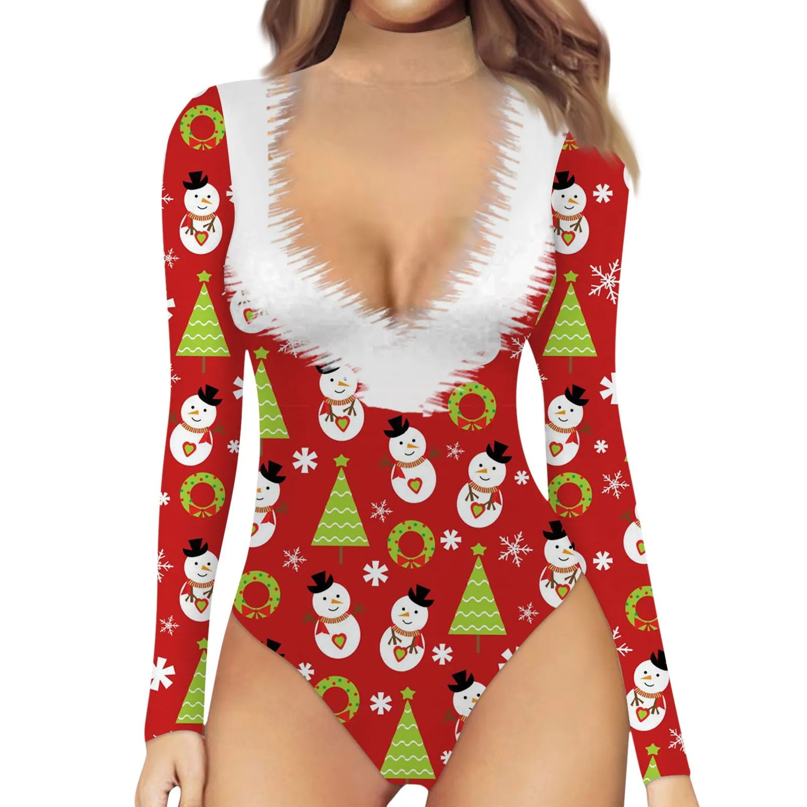 

Christmas Bodysuit Santa Claus Printed Sexy Deep V Ladies Rompers Tops Slim Fit Long Sleeve Fashion Party Playsuits Ropa