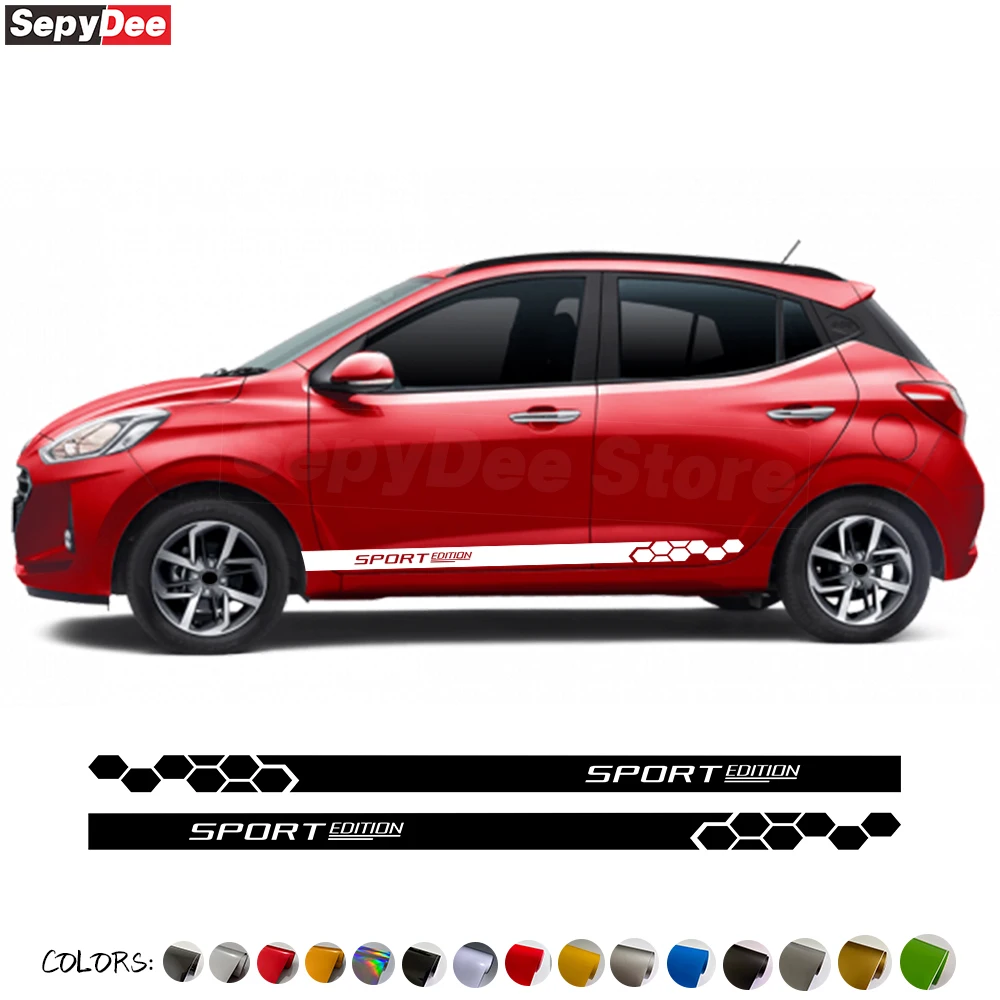 

2 Pcs Car Door Side Stripes Skirt Stickers Racing Edition Honeycomb Styling Decor Decals For Hyundai i10 Accessories