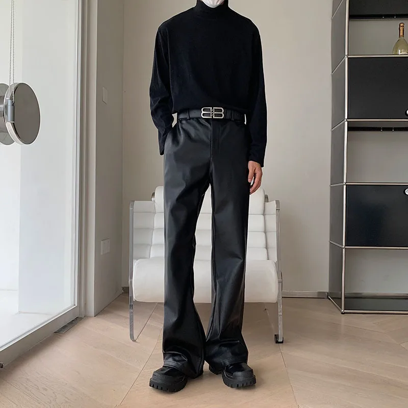 Men's Korean Streetwear Fashion Vintage Loose Causal Leather Micro Flared Pants Man American Style High Street Trousers