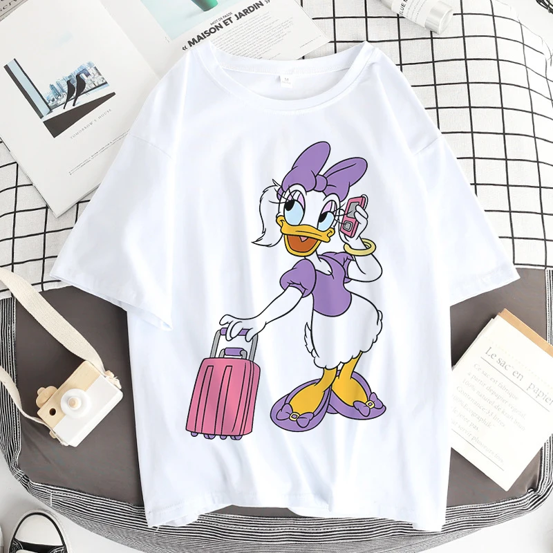 2022 New Pink Disney Fashion Cute Daisy Duck Cartoon Print Casual Women T-Shirt O-Neck Pullover Short Sleeve Loose Tee Top