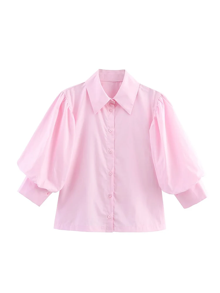 TFMLN Fashion Women Short Puff Sleeve Blouse Loose Casual Lapel Single Breasted Shirt Tops Elegant Office Lady Summer Commuter