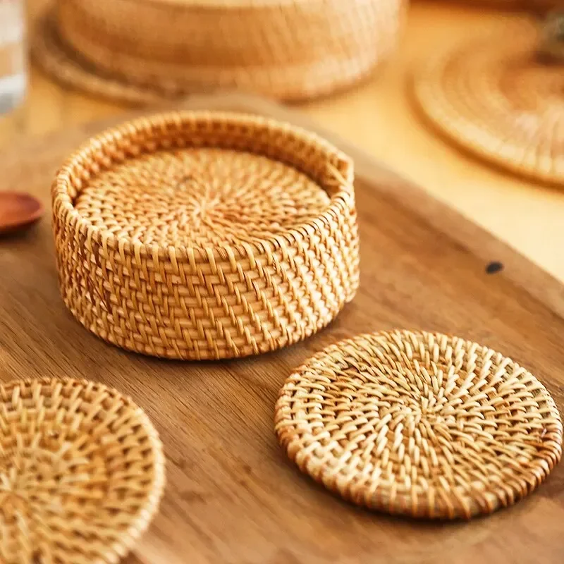 8-10cm Rattan Cup Mat 6Pcs Drink Coasters Set for Kungfu Tea Accessories Round Tableware Placemat Dish Mat Rattan Weave Cup Mat
