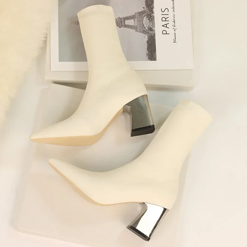 2024 Women Stretch Knitted Sock Boots 7cm 9cm High Heels White Ankle Boots Stripper Low Block Heel Lady Warm Winter Chunky Shoes