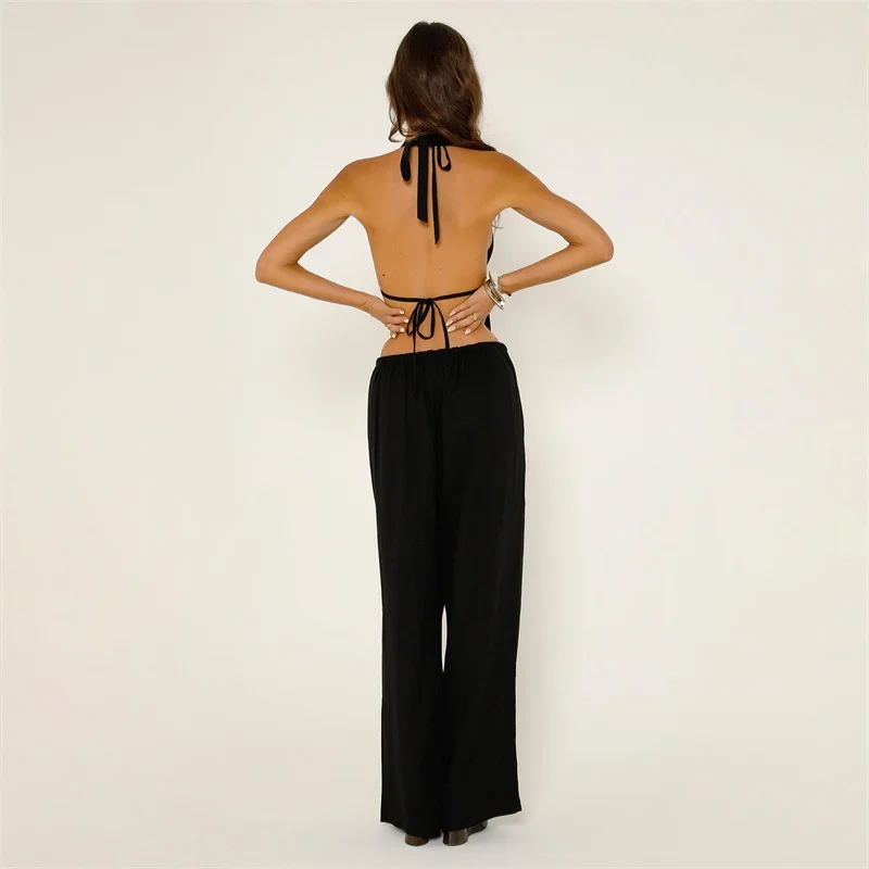 y2k Two Piece Set Women Summer Solid Color/Striped Sleeveless Halter Top and Wide Leg Pants 2000s Clothes Streetwear