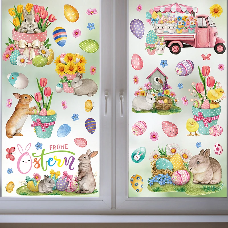 Wall Stickers Window Stickers 9 Sheets Easter Bunny Egg Electrostatic Stickers for Window Glass Refrigerator Home Decoration Easter Decals