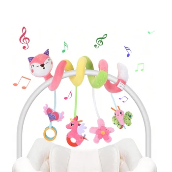 Baby Car Seat Toys 3-6 Months Stroller Toys Infant Fox Spiral Hanging Plush with Music Box BB Squeaker and Rattles Activity Gift