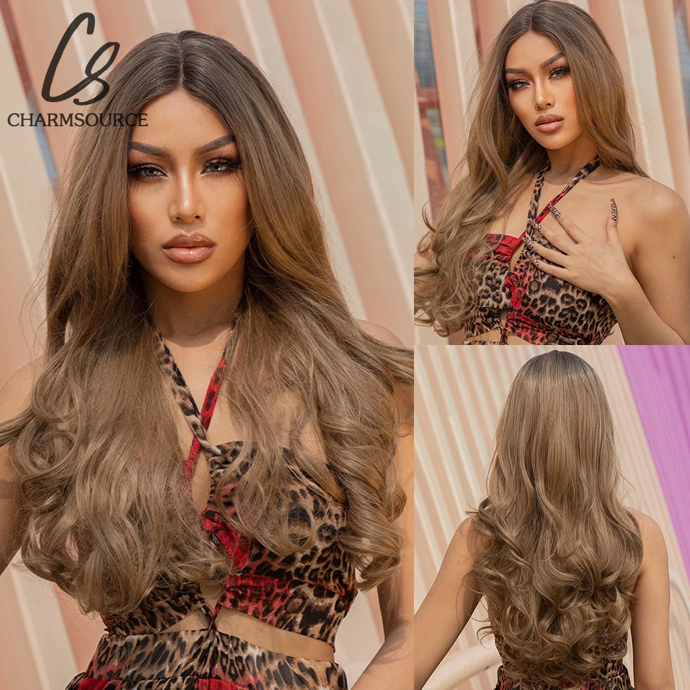 

CharmSource Front Lace Wig Golden Brown Long Loose Body Middle Part Hair Synthetic Wigs Daily Party for Women Heat Resistant