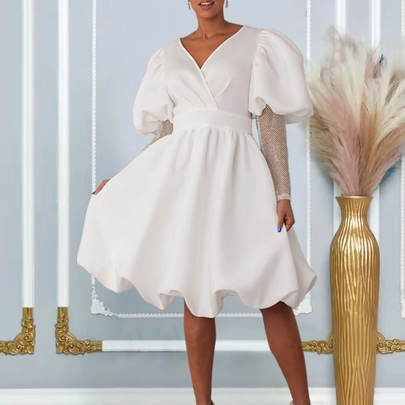 

2024 Trend Women's White Dress Luxury Spring Summer Lady V-Neck Large Swing Puff Sleeve Banquet Bridesmaid Female Prom Dresses