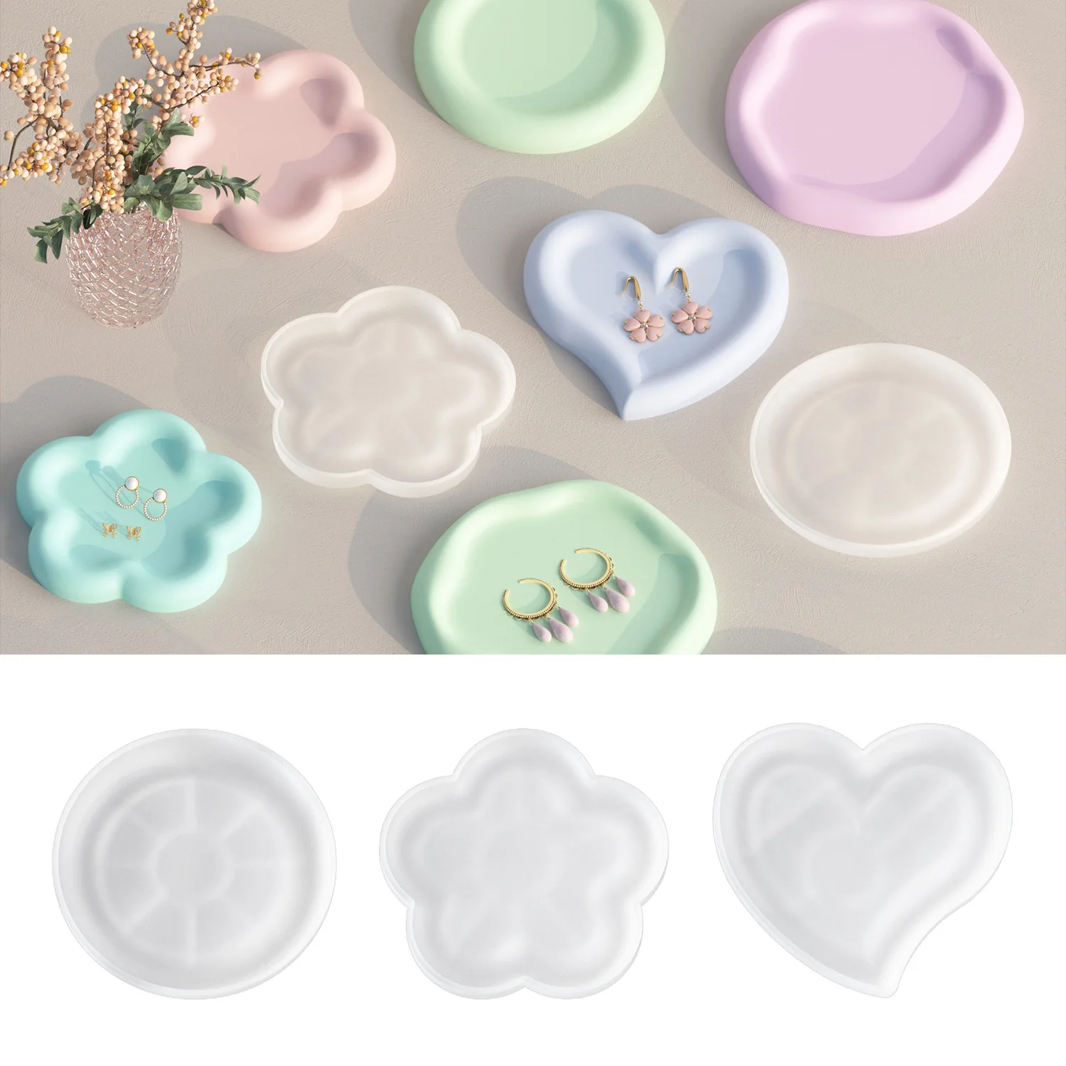 

DIY Geometric Tray Silicone Mold Round Cloud Flower Shaped Fruit Plate Gypsum Mold Coaster Storage Box Silicone Mold For Resin