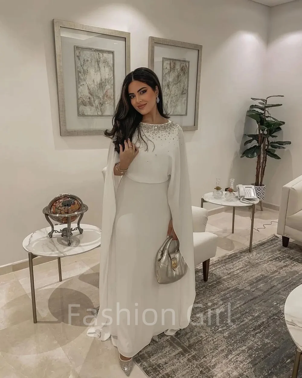 

Elegant O Neck Evening Dresses Beads Pearls Sleeves Formal Saudi Arabic Floor Length Prom Gowns Korea Women Party Dress