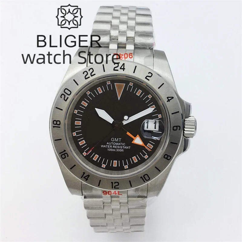 Bliger Gmt Watch Of Men Retro Nh34 Movimento Automatico Orologio Da Polso Meccanico Vetro Zaffiro 904L Bracciale Jubilee In Argento Inossidabile