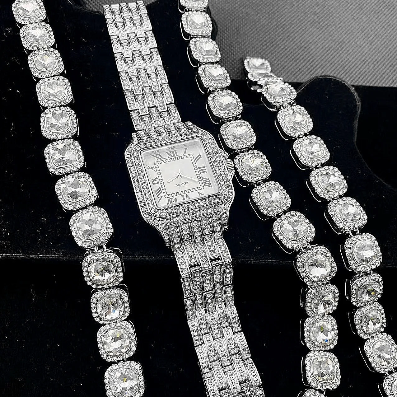 Luxury Iced Out Watches for Women Gold Watch Sliver Chain Bracelet Necklace Bling Bling CZ Jewelry Women Watch Set gifts Relojes