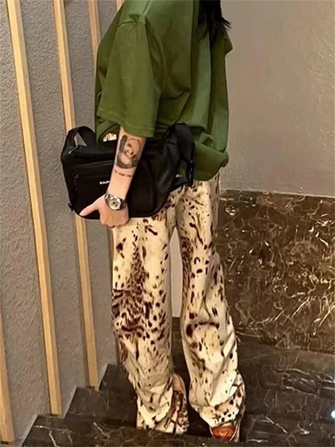 Jean droit à jambes larges imprimé léopard pour femmes, taille haute, rétro, Streetwear Y2k, pantalon Vintage, pantalon en Denim de rue 5