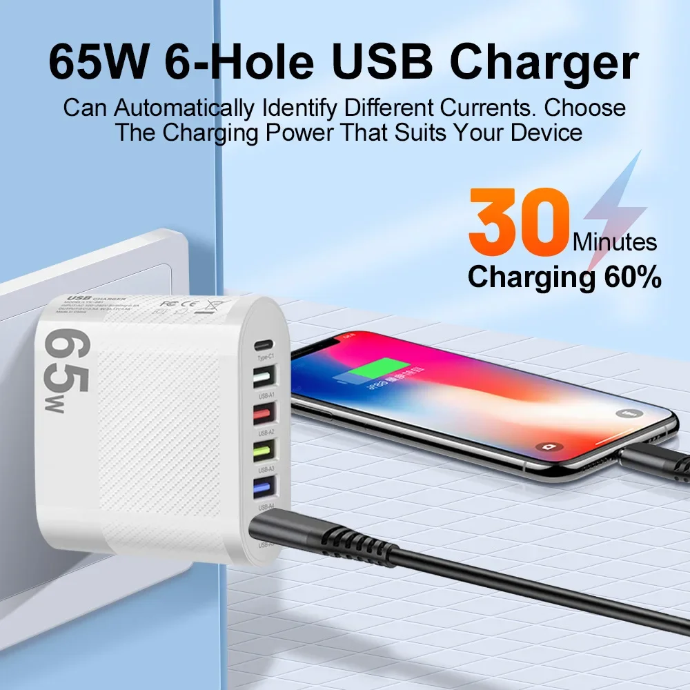 Charger Adapter Battery Charger Power Supply Adapter Fast Charger Battery Charger Adapter 65W 5 USB Type-C Fast Charging Charger For iPhone Xiaomi Samsung Huawei Google Quick Charge Phone Power Adapter Chargers