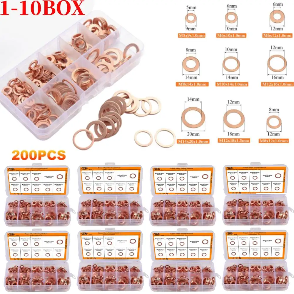 Boxed Copper Washer Gasket Nut Bolt Set Flat Ring Seal Assortment Kit M5 M6 M8 M10 M12 M14 Sump Plug Boat Crush Flat Seal Ring