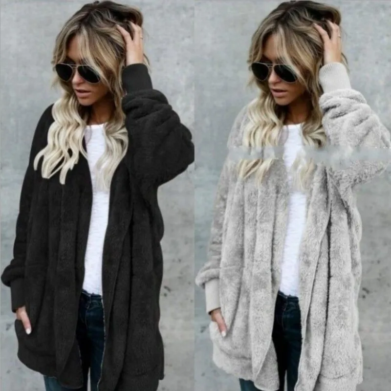 2023 Autumn Winter New Women Faux Fur Coat Mid-Length Thicken Warm Casual Outcoat Fashion Two-Sided Wear Hooded Solid Color Tops