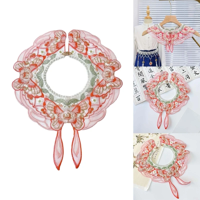 

B36D Kids Girl Chinese Embroidery Butterfly Shawl Scarf Pearl Beading Neckline Buckled False Collar for Vintage Dress