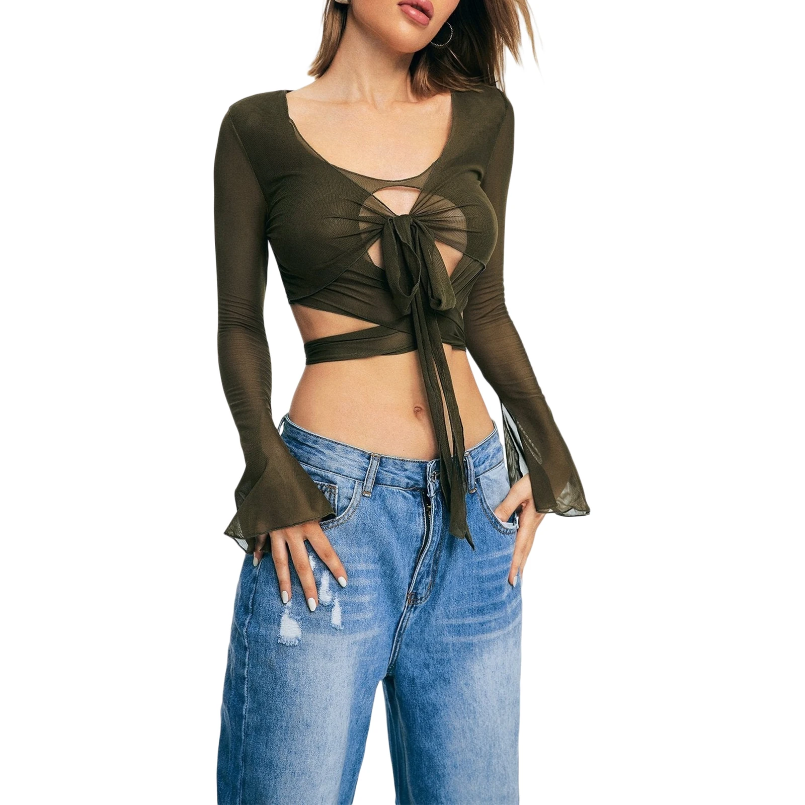 

HEZIOWYUN Women Crop Tops Long Sleeve Round Neck Cutout See Through Solid Color Bandage Casual Party Street Summer Shirt
