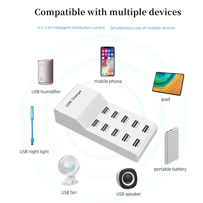 Stazione Di Ricarica Multi-caricatore USB Da 30 W, Hub A 6 Porte Concentratore Stazione Di Ricarica Rapida Da 100 240 V Con Cavo Da 150 Cm 93122263