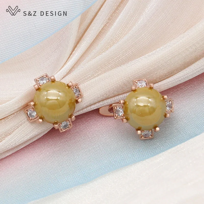 S&Z DESIGN New Fashion Luxury 585 Rose Gold Color Round Simulated-pearl Drop Earrings For Women Elegant Wedding Jewelry