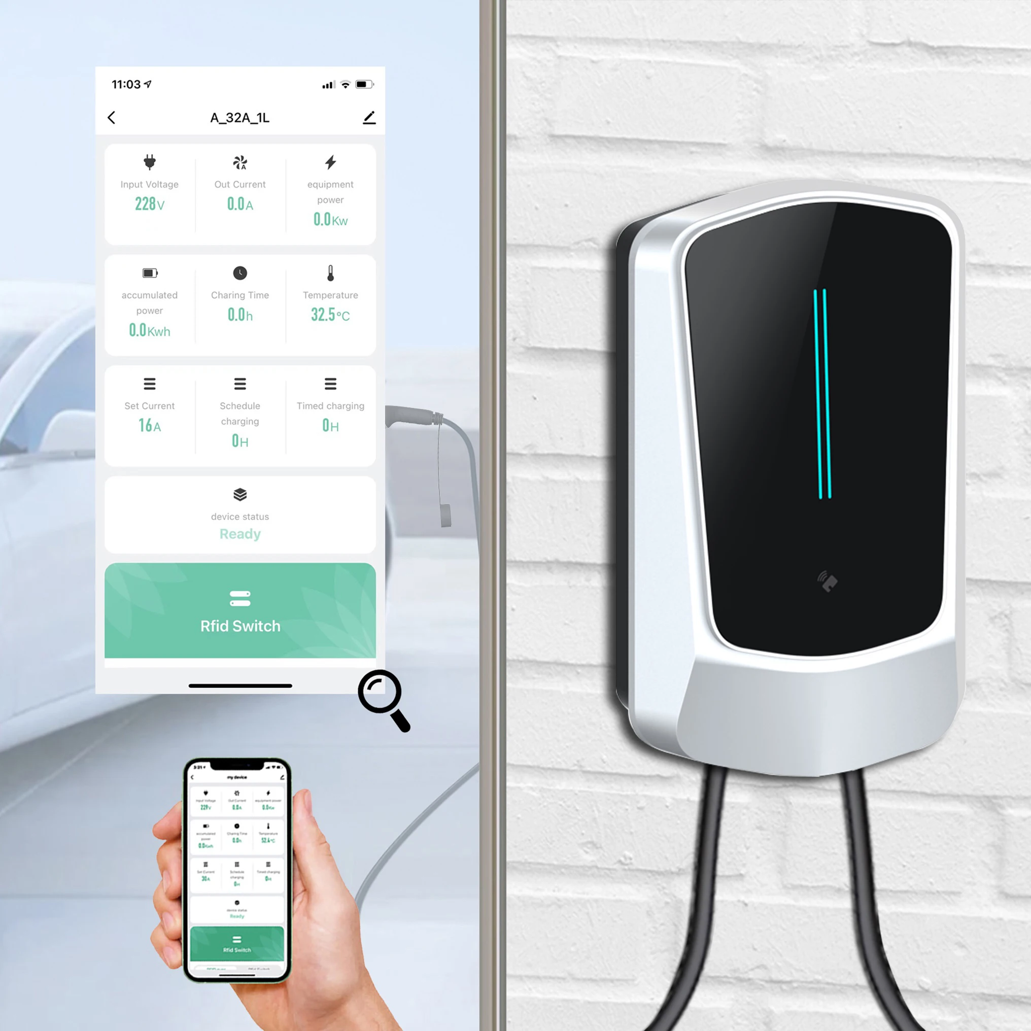 AFAX EV Charging Station Cable 32A Electric Vehicle Car Charger EVSE Wallbox Wall Mount Type 2 Cable IEC 62196-2 7.6KW