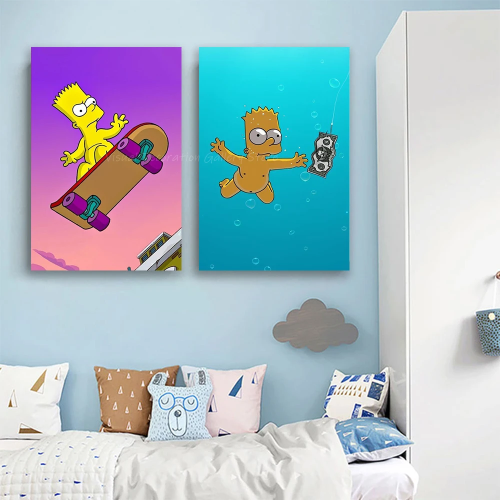 

Simpson Skateboard and Swimming Cartoon Poster Disney Wall Art Cute Canvas Painting Prints Home Living Room Decor Paintings Gift